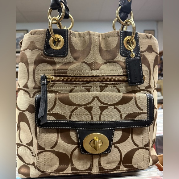 Coach Brown and Tan Shoulder Bag with Gold Accents - Picture 3 of 12